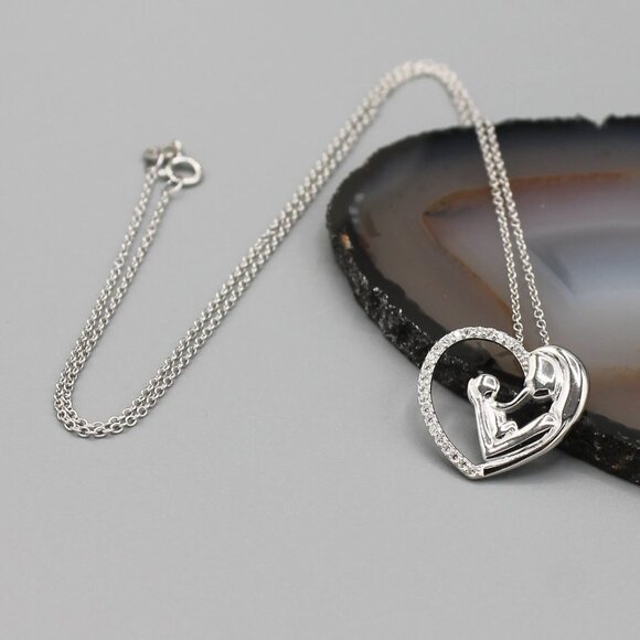 Jewelry necklace mom mother and child heart love forever 925 sterling silver new - Picture 3 of 6